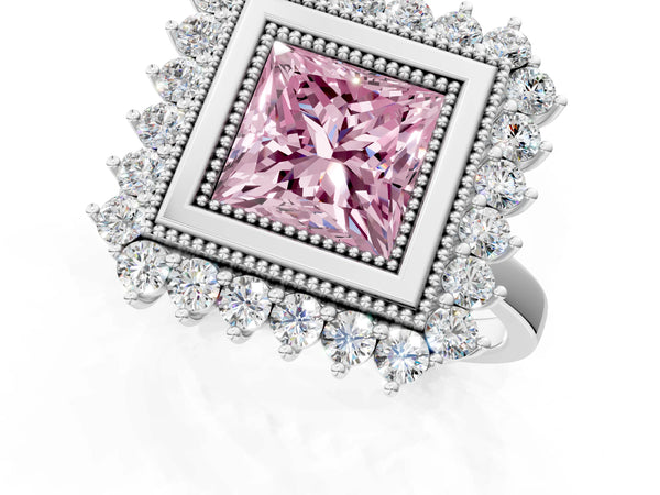 Platinum Fancy Pink Princess  Halo Diamond Ring with Milgrain Edge and Round Prong Setting