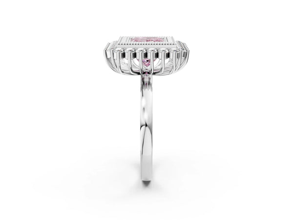Platinum Fancy Pink Princess  Halo Diamond Ring with Milgrain Edge and Round Prong Setting
