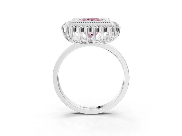 Platinum Fancy Pink Princess  Halo Diamond Ring with Milgrain Edge and Round Prong Setting