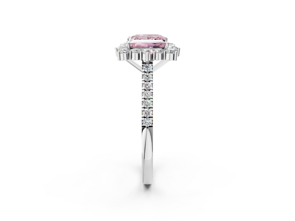 White gold Fancy Pink Princess  Halo Diamond Ring with Pavé Band and Prong Setting