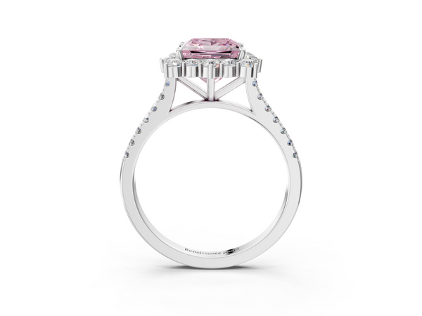 White gold Fancy Pink Princess  Halo Diamond Ring with Pavé Band and Prong Setting