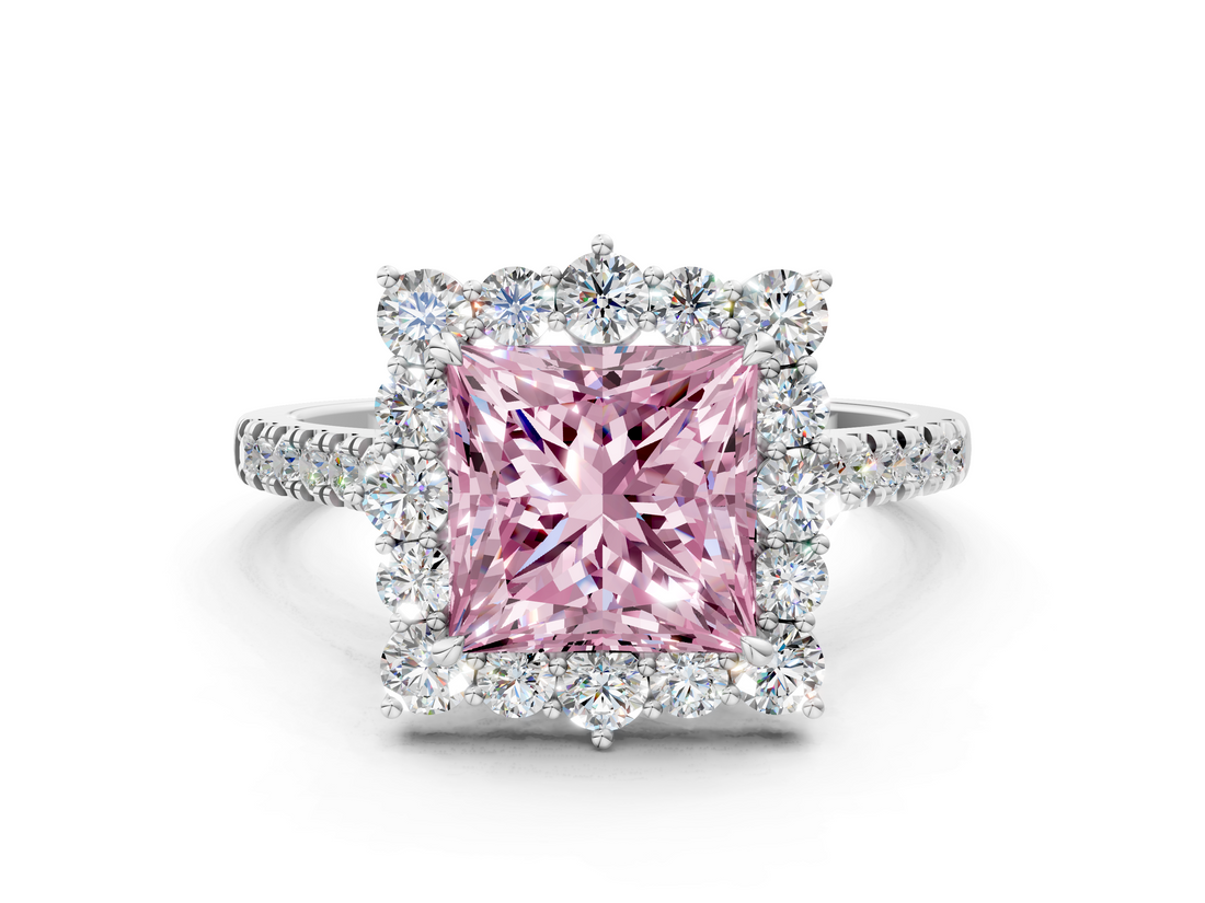 White gold Fancy Pink Princess  Halo Diamond Ring with Pavé Band and Prong Setting