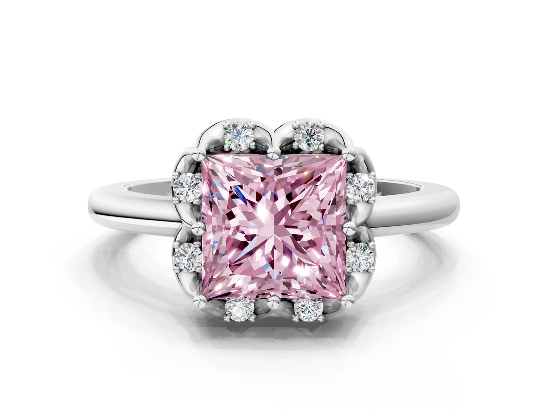 White gold Fancy Pink Princess  Halo Diamond Ring with Round Cluster Setting, Solitaire Band, and Four-Prong Setting_29