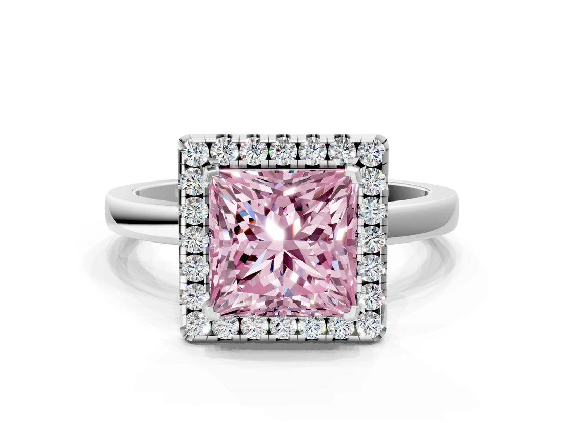 White gold Fancy Pink Princess  Halo Diamond Solitaire with Pavé Band and Four-Prong Setting_29