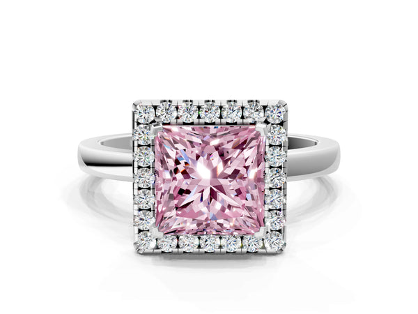 White gold Fancy Pink Princess  Halo Diamond Solitaire with Pavé Band and Four-Prong Setting