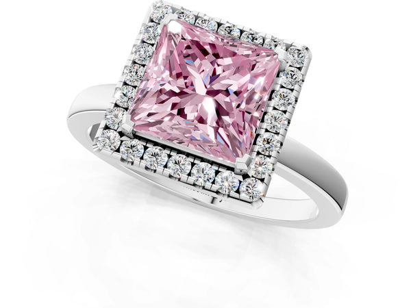 White gold Fancy Pink Princess  Halo Diamond Solitaire with Pavé Band and Four-Prong Setting