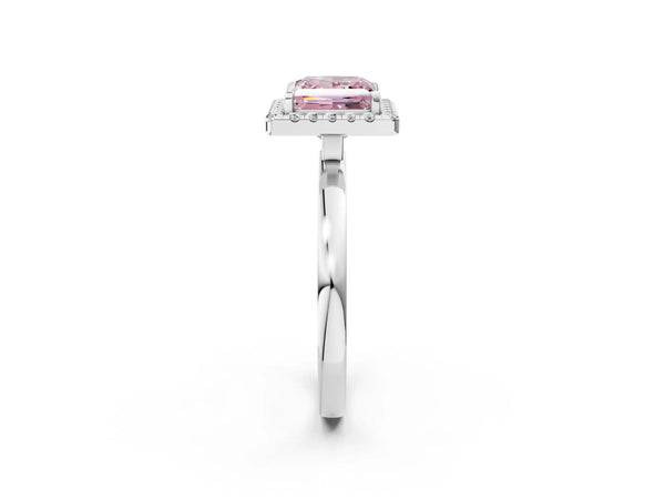 White gold Fancy Pink Princess  Halo Diamond Solitaire with Pavé Band and Four-Prong Setting