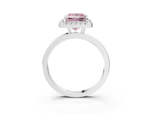 White gold Fancy Pink Princess  Halo Diamond Solitaire with Pavé Band and Four-Prong Setting