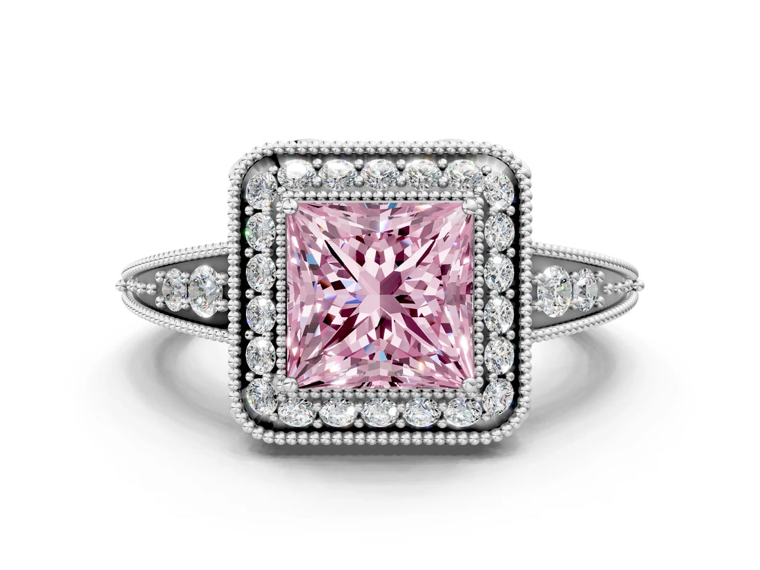 White gold Fancy Pink Princess  Halo Diamond Split Shank Ring with Milgrain Detail_34