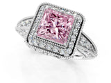 White gold Fancy Pink Princess  Halo Diamond Split Shank Ring with Milgrain Detail_35
