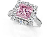 White gold Fancy Pink Princess  Halo Milgrain Pave Diamond Ring with Four-Prong Setting 2