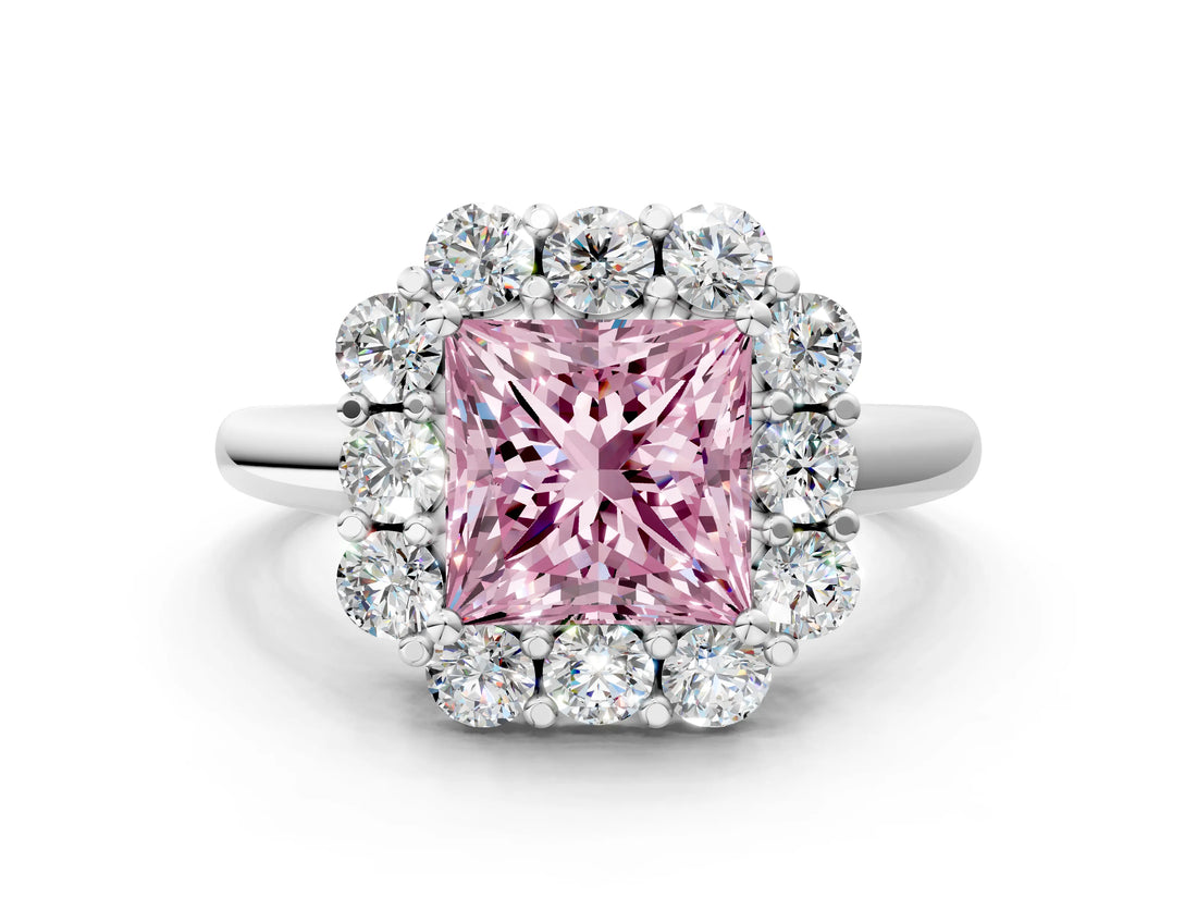 White gold Fancy Pink Princess  Halo Milgrain Solitaire with Bezel Set Side Stones and Pave Band_55