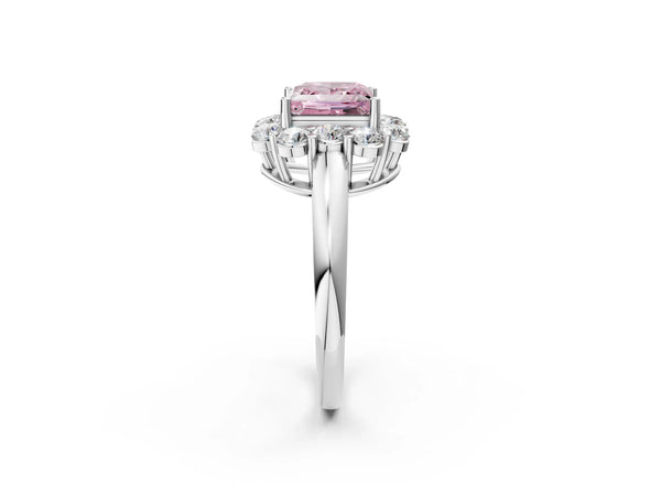 White gold Fancy Pink Princess  Halo Milgrain Solitaire with Bezel Set Side Stones and Pave Band