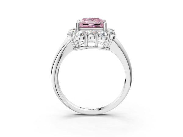 White gold Fancy Pink Princess  Halo Milgrain Solitaire with Bezel Set Side Stones and Pave Band
