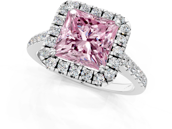 Platinum Fancy Pink Princess  Halo Pavé Diamond Engagement Ring with Four-Prong Setting