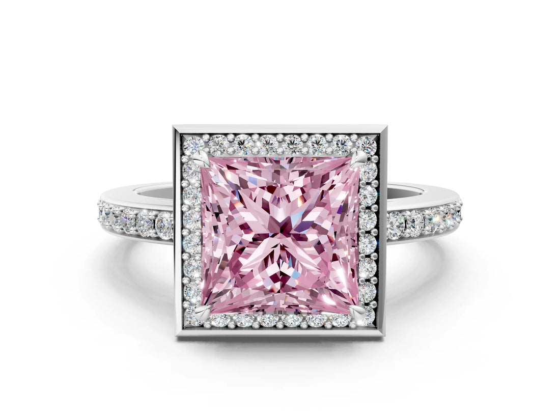 White gold Fancy Pink Princess  Halo Pave Band Solitaire Ring with Prong Setting_29