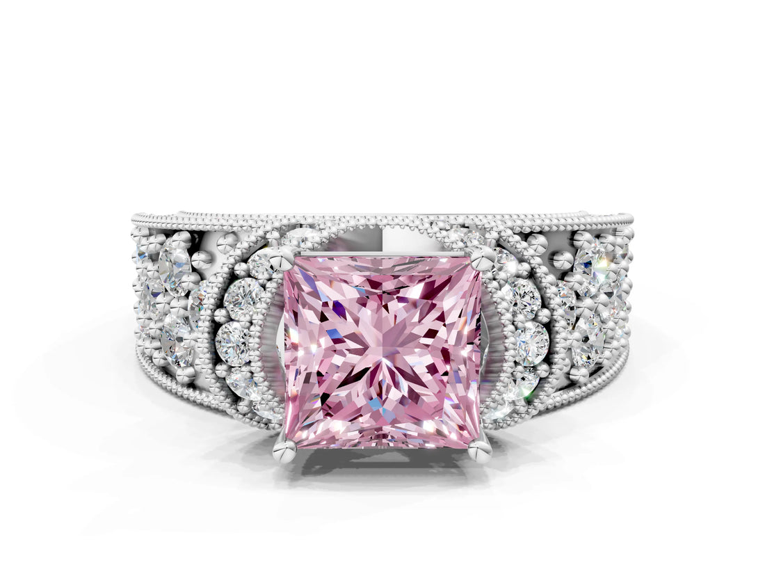 White gold Fancy Pink Princess  Halo Pave Diamond Engagement Ring with Milgrain Detailing_41