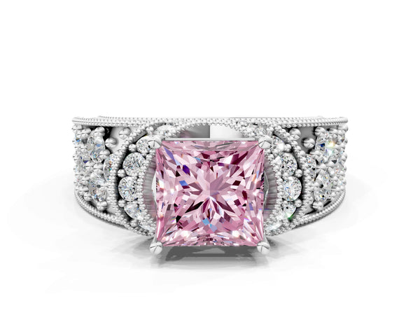 White gold Fancy Pink Princess  Halo Pave Diamond Engagement Ring with Milgrain Detailing
