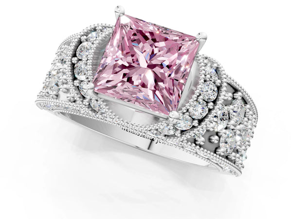 White gold Fancy Pink Princess  Halo Pave Diamond Engagement Ring with Milgrain Detailing