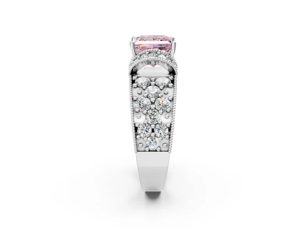 White gold Fancy Pink Princess  Halo Pave Diamond Engagement Ring with Milgrain Detailing