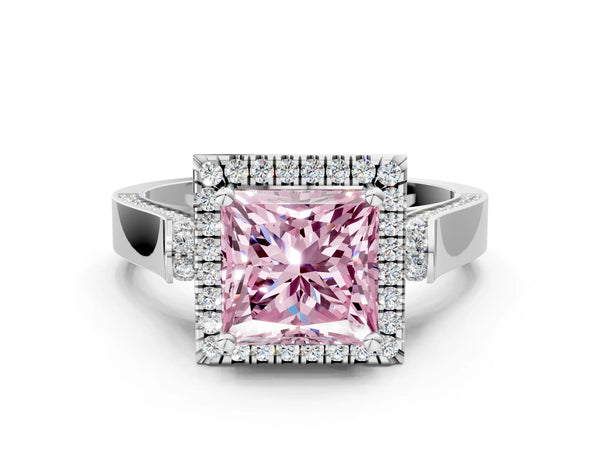 White gold Fancy Pink Princess  Halo Pave Split Shank Prong Setting Ring