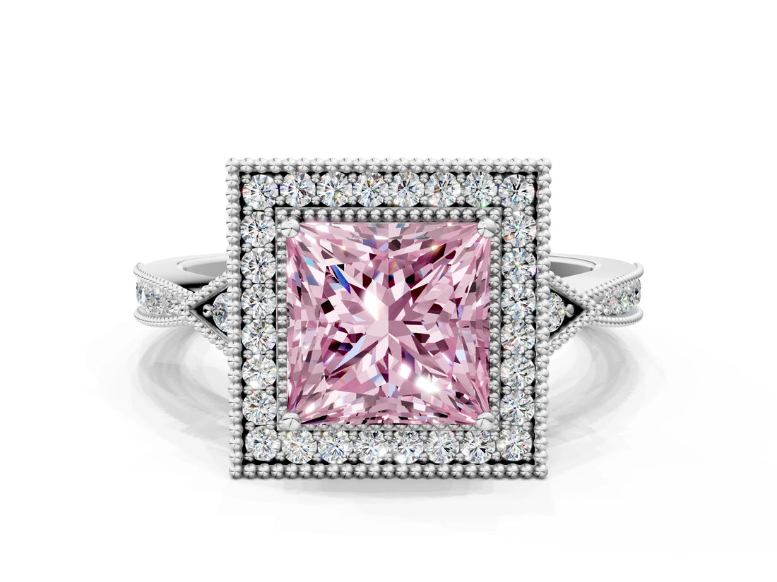 White gold Fancy Pink Princess  Halo Round Diamond Milgrain Pave Engagement Ring_3
