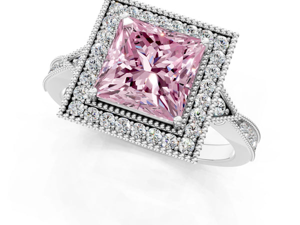 White gold Fancy Pink Princess  Halo Round Diamond Milgrain Pave Engagement Ring