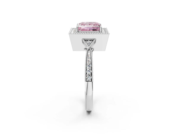 White gold Fancy Pink Princess  Halo Round Diamond Milgrain Pave Engagement Ring