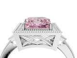 White gold Fancy Pink Princess  Halo Round Diamond Milgrain Pave Engagement Ring_7