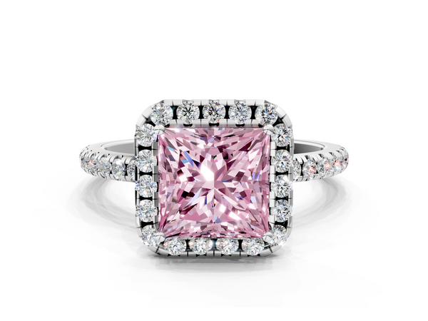 Platinum Fancy Pink Princess  Halo Round Diamond Pavé Band Four-Prong Ring