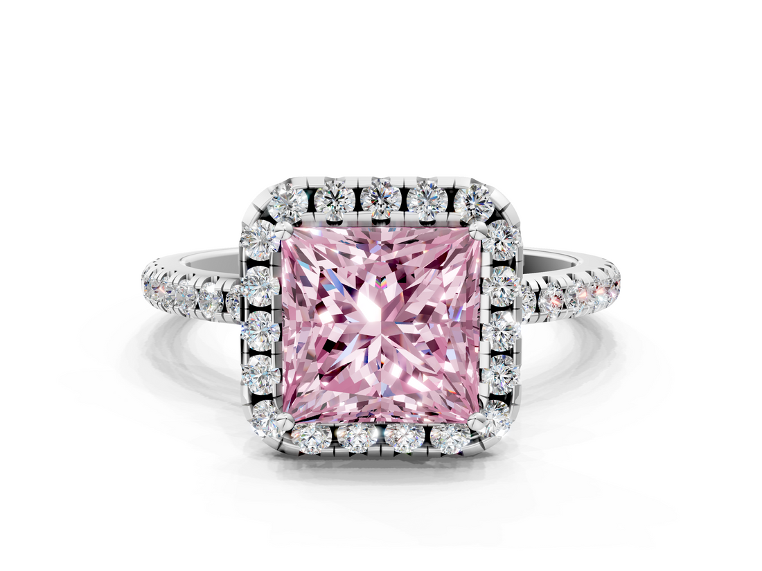 White gold Fancy Pink Princess  Halo Round Diamond Pavé Band Four-Prong Ring_3