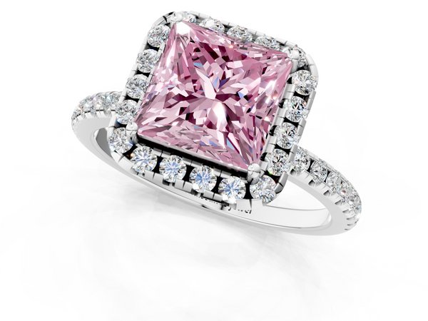 Platinum Fancy Pink Princess  Halo Round Diamond Pavé Band Four-Prong Ring
