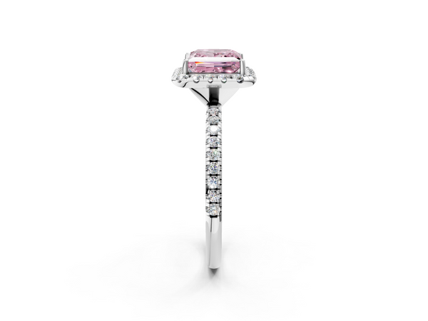 Platinum Fancy Pink Princess  Halo Round Diamond Pavé Band Four-Prong Ring