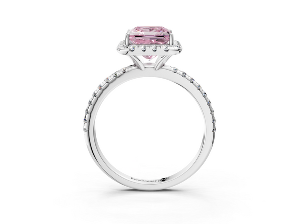 Platinum Fancy Pink Princess  Halo Round Diamond Pavé Band Four-Prong Ring