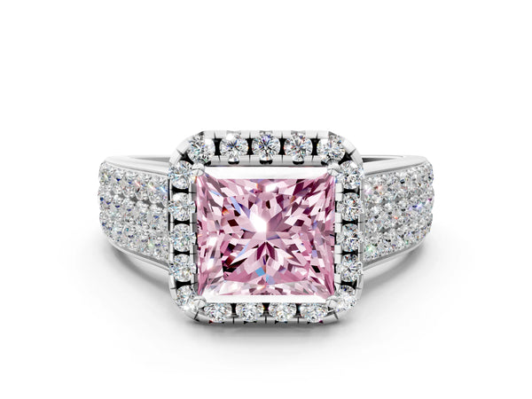Platinum Fancy Pink Princess  Halo Round Diamond Pave Band with Prong Setting