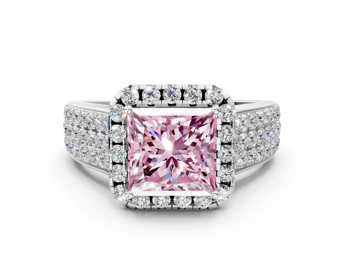 White gold Fancy Pink Princess  Halo Round Diamond Pave Band with Prong Setting_24