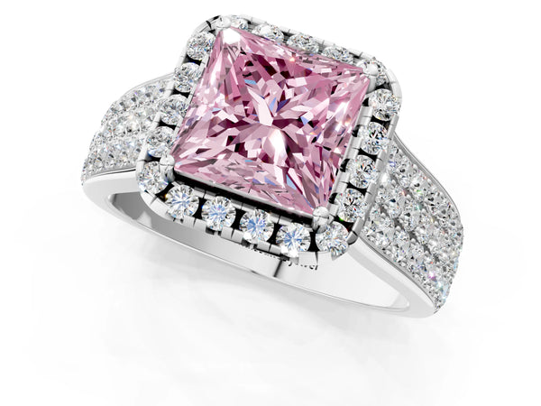 Platinum Fancy Pink Princess  Halo Round Diamond Pave Band with Prong Setting