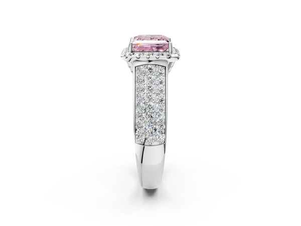 Platinum Fancy Pink Princess  Halo Round Diamond Pave Band with Prong Setting