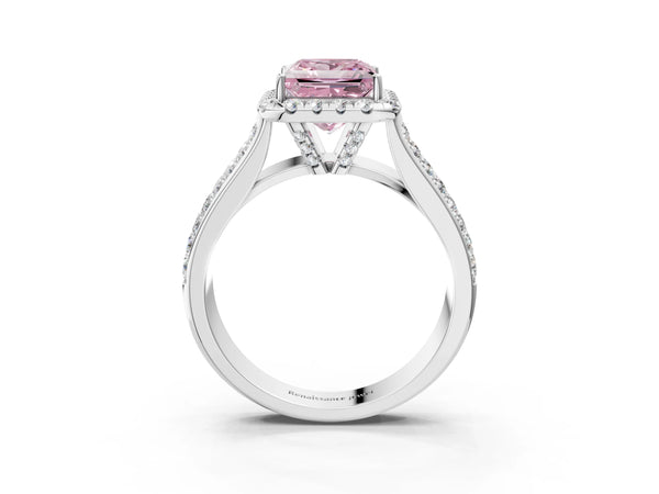 Platinum Fancy Pink Princess  Halo Round Diamond Pave Band with Prong Setting