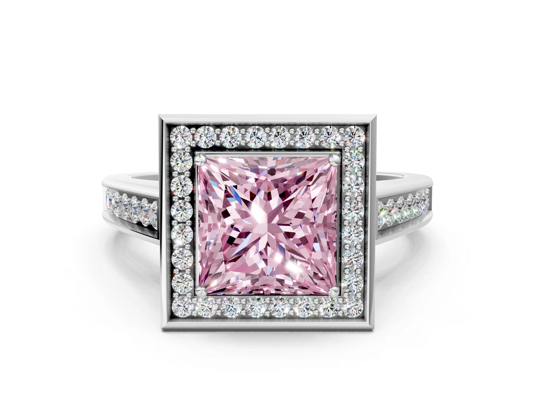White gold Fancy Pink Princess  Halo Solitaire Diamond Ring with Pave Band and Bezel Setting_28