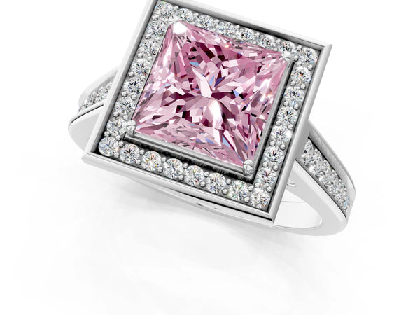 White gold Fancy Pink Princess  Halo Solitaire Diamond Ring with Pave Band and Bezel Setting