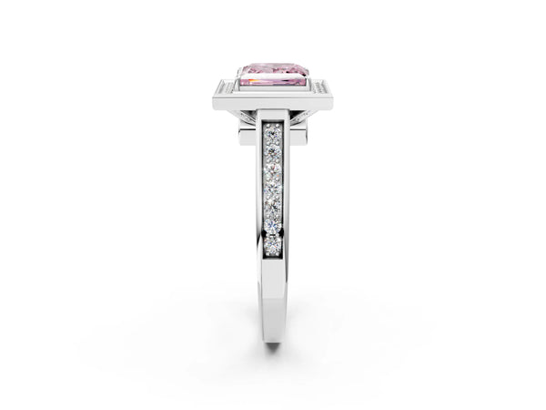 White gold Fancy Pink Princess  Halo Solitaire Diamond Ring with Pave Band and Bezel Setting