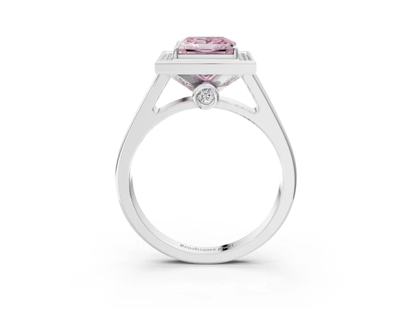 White gold Fancy Pink Princess  Halo Solitaire Diamond Ring with Pave Band and Bezel Setting