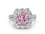 White gold Fancy Pink Princess  Halo Split Shank Diamond Engagement Ring with Pave Band and Four-Prong Setting