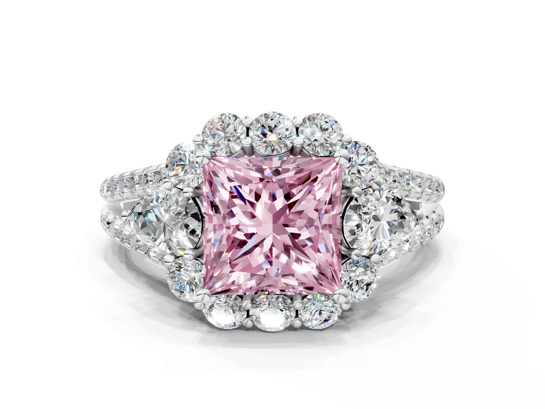 White gold Fancy Pink Princess  Halo Split Shank Diamond Engagement Ring with Prong Setting