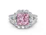 White gold Fancy Pink Princess  Halo Split Shank Diamond Engagement Ring with Prong Setting