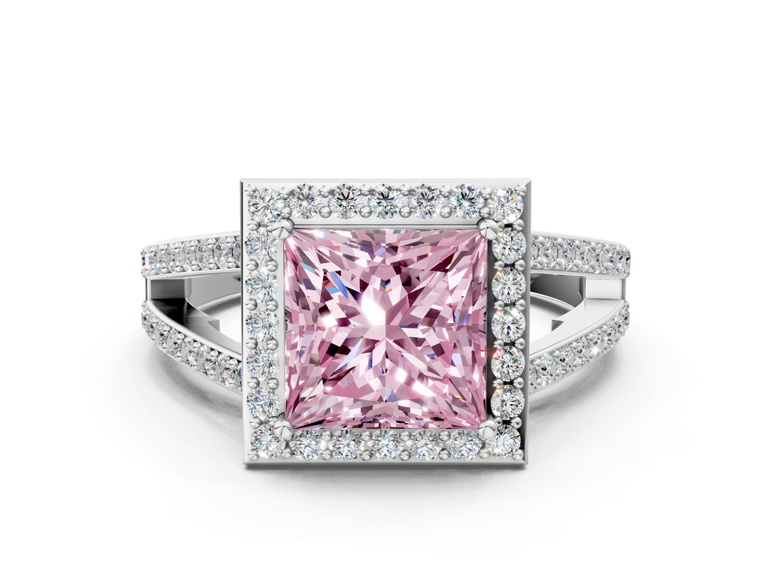 White gold Fancy Pink Princess  Halo Split Shank Diamond Ring with Four-Prong Setting