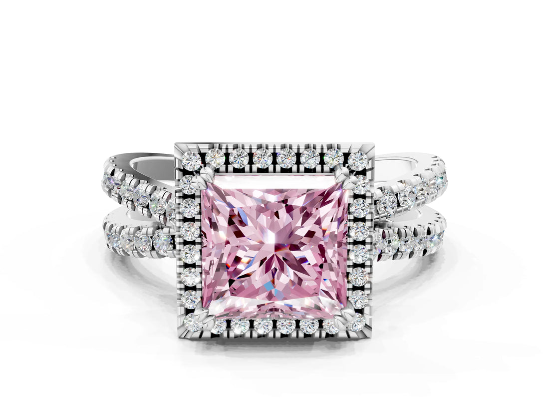 White gold Fancy Pink Princess  Halo Split Shank Diamond Ring with Pavé Setting_38