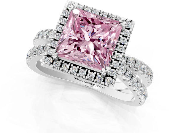Platinum Fancy Pink Princess  Halo Split Shank Diamond Ring with Pavé Setting