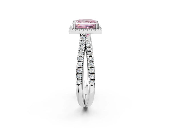 Platinum Fancy Pink Princess  Halo Split Shank Diamond Ring with Pavé Setting